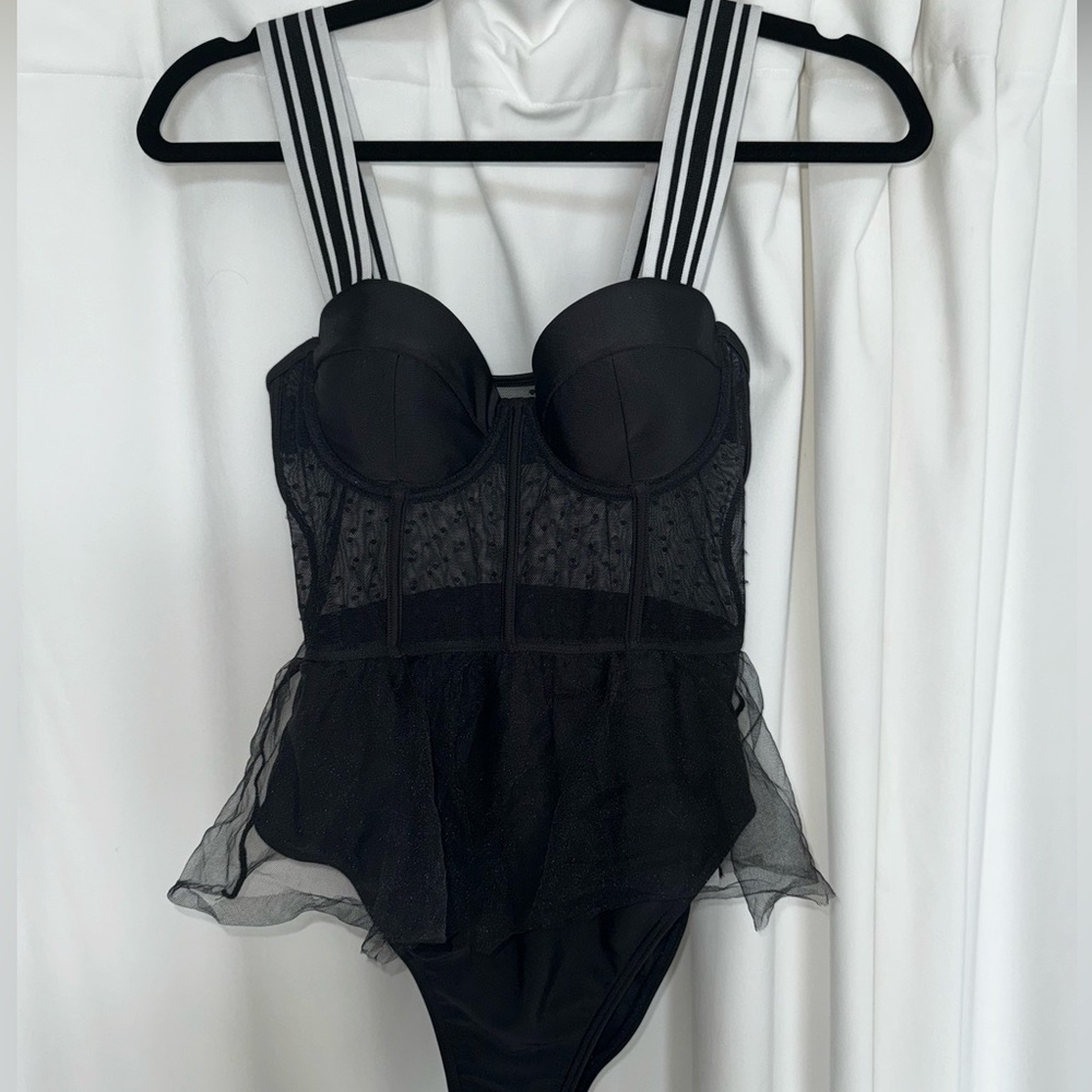 Black Mesh One Piece bathing suit w/ mesh skirt